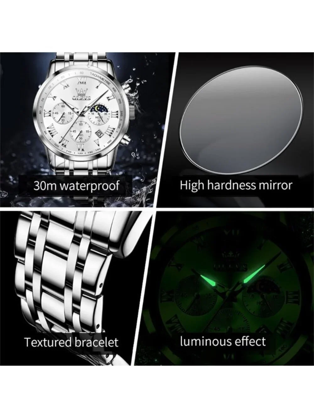 Olevs Men's Silver Multifunction Waterproof Luminous Chronograph Wrist Watch